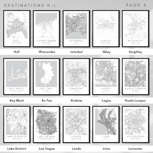 May include: A collage of 15 black and white city maps with the city name and country below each map. The maps are arranged in 3 rows of 5. The cities are Hull, Ilfracombe, Istanbul, Ilkley, Keighley, Key West, Ko Tao, Krakow, Lagos, Kuala Lumpur, Lake District, Las Vegas, Leeds, Lima, and Leicester.