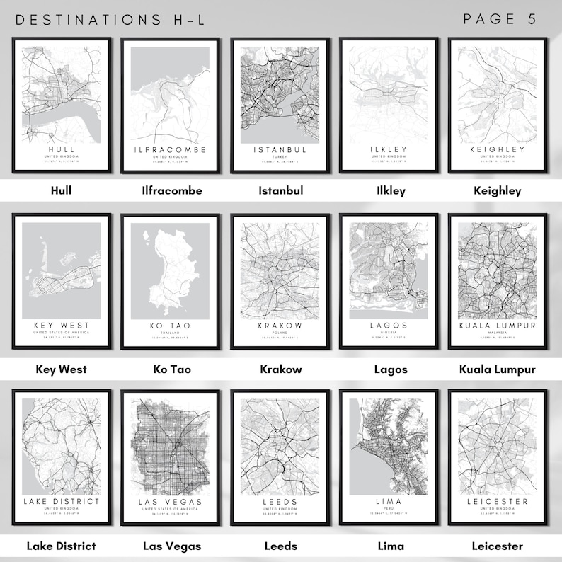 May include: A collage of 15 black and white city maps with the city name and country below each map. The maps are arranged in 3 rows of 5. The cities are Hull, Ilfracombe, Istanbul, Ilkley, Keighley, Key West, Ko Tao, Krakow, Lagos, Kuala Lumpur, Lake District, Las Vegas, Leeds, Lima, and Leicester.