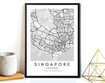 Carte de Singapour Art mural imprimable - Impression murale de la carte de la ville de Singapour - Affiche murale de la carte routière de Singapour - Cadeau d’art de la carte de Singapour - Cartes minimalistes