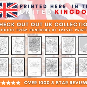 May include: A collage of 12 black and white city maps of various locations in the United Kingdom. The maps are framed in black and have white text underneath each map indicating the city name. The text at the top of the image reads "PRINTED HERE IN THE UNITED KINGDOM" and "CHECK OUT OUR UK COLLECTION CHOOSE FROM HUNDREDS OF TRAVEL PRINTS". The text at the bottom of the image reads "OVER 1000 5 STAR REVIEWS".