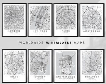 Custom City Map Prints in Black & White, Selection of 140+ Global Cities, Minimalist Travel Destination Posters with Coordinates