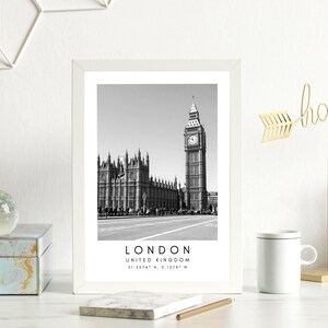 London City Print, London Poster, Unique Wallart Decor, London Big Ben, London Black and White Coordinates, United Kingdom Travel Art image 2