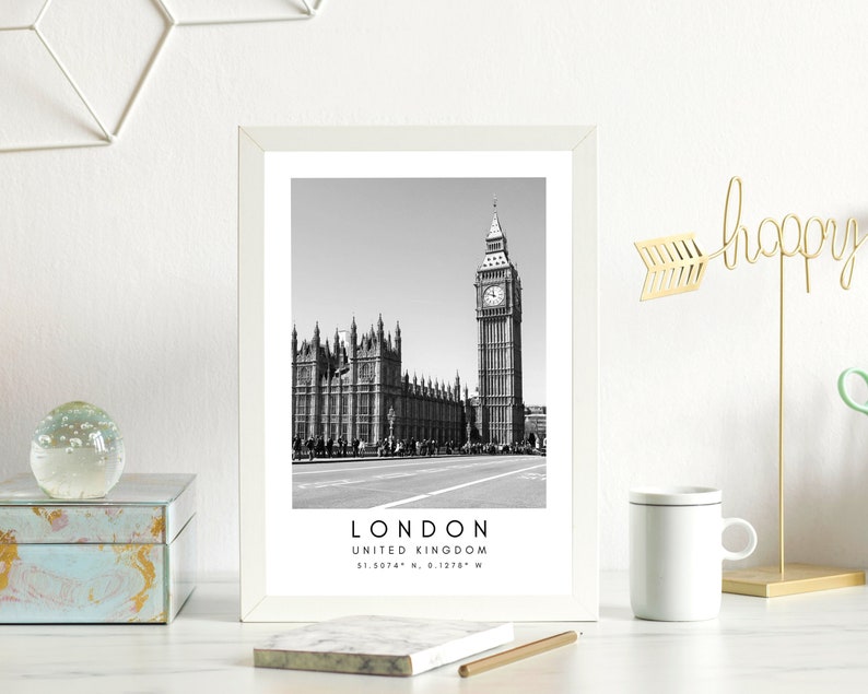 London City Print, London Poster, Unique Wallart Decor, London Big Ben, London Black and White Coordinates, United Kingdom Travel Art image 2