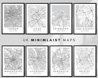 UK City Minimalist Map Prints in Black & White, Selection of 80+ UK Cities, Minimalist Travel Destination Posters with Coordinates