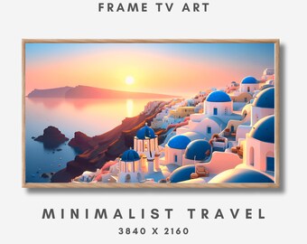 Santorini Samsung TV Wallart - Hand-Painted Style Canvas Art, Minimalist Greek Island Sunrise Vintage Digital Download