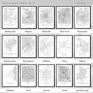 May include: A black and white map of Motherwell, Naples, Nashville, New York, Newcastle, Northampton, Nottingham, Oldham, Otley, Oxford, Padstow, Paris, Parma, Perth, and Peterborough. The maps are in a grid format with the city name below each map.