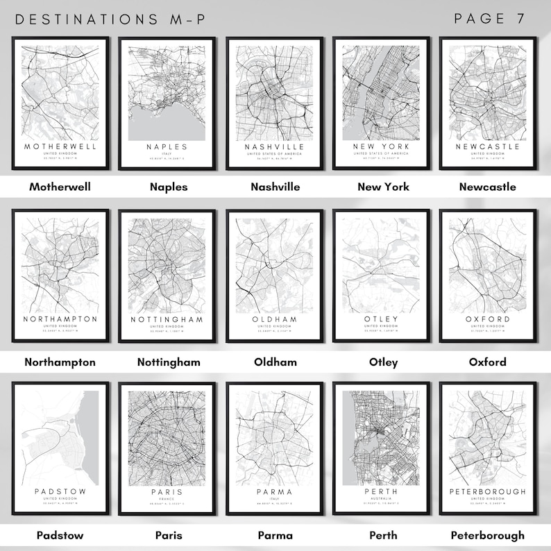May include: A black and white map of Motherwell, Naples, Nashville, New York, Newcastle, Northampton, Nottingham, Oldham, Otley, Oxford, Padstow, Paris, Parma, Perth, and Peterborough. The maps are in a grid format with the city name below each map.