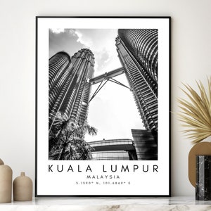 Kuala Lumpur Travel Print, KL Poster, Unique Wallart Decor, Kuala Lumpur Skyline, Petronas Towers Black and White Coordinates, Malaysia