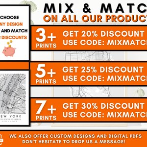 May include: A graphic with an orange background and white text. It shows a discount offer for buying multiple prints. The text reads: "Mix & Match on all our products. 3+ prints get 20% discount, use code: MIXMATCH20. 5+ prints get 25% discount, use code: MIXMATCH25. 7+ prints get 30% discount, use code: MIXMATCH30. We also offer custom designs and digital PDFs. Don't hesitate to drop us a message!"