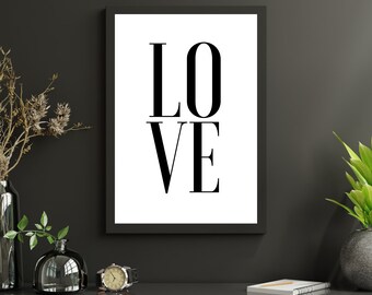 Love - Minimalist Typography Print - Black & White Design - Modern Wall Art in a Variety of Sizes