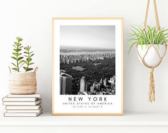 New York Print, New York Poster, Unique Wallart Decor, New York Central Park, Black and White Coordinates, United States Wall Art Design