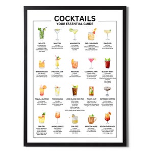Cocktail Rezepte Mixology Poster - A3 A4 Größen - 20 Klassische Cocktails - Küche & Bar Wandkunst - Gerahmt oder ungerahmt - Mattes Finish