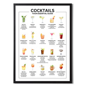 Cocktail Recipes Mixology Poster - A3 A4 Sizes - 20 Classic Cocktails - Kitchen & Bar Wall Art - Framed or Unframed - Matte Finish