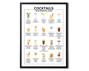 Cocktail Recipes Mixology Poster - A3 A4 Sizes - 20 Classic Cocktails - Kitchen & Bar Wall Art - Framed or Unframed - Matte Finish