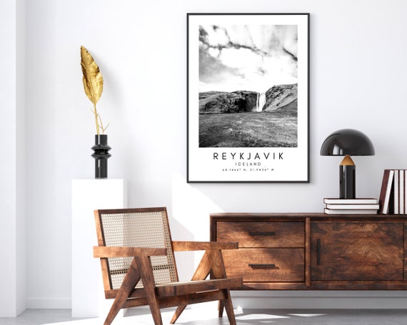 Reykjavik Iceland Print: Black and White Mountain Wall Art