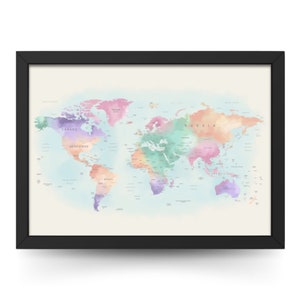Póster del mundo de la acuarela - Arte mural de colores del arco iris con anotaciones - Decoración moderna del hogar en una variedad de tamaños