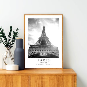 Paris, France Travel Print, Paris Poster, Unique Wallart Decor, Paris Eiffel Tower Black and White Coordinates, France Wall Art Design image 3