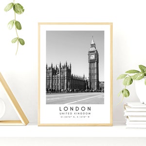London City Print, London Poster, Unique Wallart Decor, London Big Ben, London Black and White Coordinates, United Kingdom Travel Art image 8