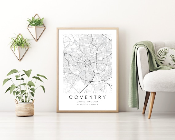 Coventry City Map Art: Minimalist Framed UK Wall Art