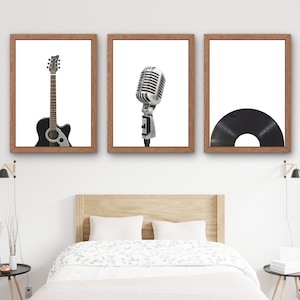 Set of 3 Vintage Music Posters - Black & White Retro Wall Art Featuring Guitar, Microphone, and Vinyl CD - Variety of Sizes