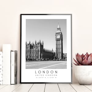 London City Print, London Poster, Unique Wallart Decor, London Big Ben, London Black and White Coordinates, United Kingdom Travel Art image 6