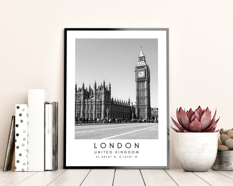 London City Print, London Poster, Unique Wallart Decor, London Big Ben, London Black and White Coordinates, United Kingdom Travel Art image 6