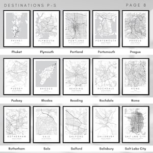 May include: A collage of 20 black and white city maps with the names of the cities printed below each map. The cities are: Phuket, Plymouth, Portland, Portsmouth, Prague, Pudsey, Rhodes, Reading, Rochdale, Rome, Rotherham, Sale, Salford, Salisbury, and Salt Lake City.