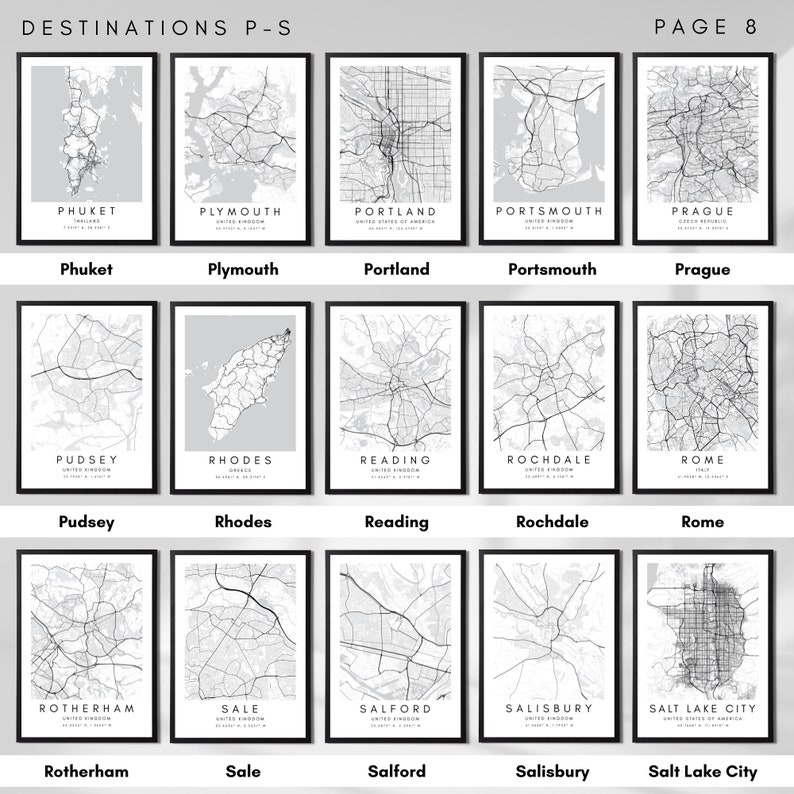 May include: A collage of 20 black and white city maps with the names of the cities printed below each map. The cities are: Phuket, Plymouth, Portland, Portsmouth, Prague, Pudsey, Rhodes, Reading, Rochdale, Rome, Rotherham, Sale, Salford, Salisbury, and Salt Lake City.