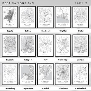 May include: A black and white image collage of city maps with the names of the cities listed below each map. The cities include Bogota, Bolton, Bradford, Brighton, Bristol, Brussels, Budapest, Bury, Cambridge, Camden, Canterbury, Cape Town, Cardiff, Charlotte, and Chelmsford.