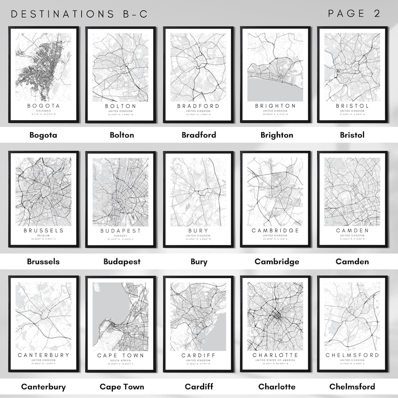 May include: A black and white image collage of city maps with the names of the cities listed below each map. The cities include Bogota, Bolton, Bradford, Brighton, Bristol, Brussels, Budapest, Bury, Cambridge, Camden, Canterbury, Cape Town, Cardiff, Charlotte, and Chelmsford.