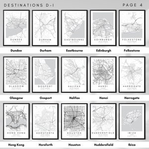 May include: A collage of 15 black and white city maps with the city name and country printed below each map. The maps are arranged in 3 rows of 5. The cities are Dundee, Durham, Eastbourne, Edinburgh, Folkestone, Glasgow, Gosport, Halifax, Hanoi, Harrogate, Hong Kong, Horsforth, Houston, Huddersfield, and Ibiza.