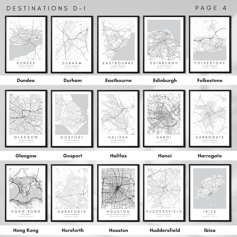 May include: A collage of 15 black and white city maps with the city name and country printed below each map. The maps are arranged in 3 rows of 5. The cities are Dundee, Durham, Eastbourne, Edinburgh, Folkestone, Glasgow, Gosport, Halifax, Hanoi, Harrogate, Hong Kong, Horsforth, Houston, Huddersfield, and Ibiza.