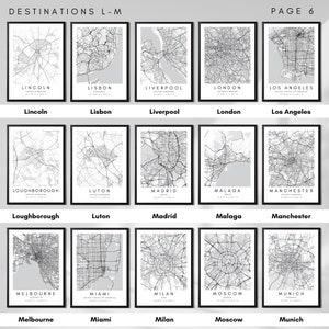 May include: A collage of city maps with black and white lines on a light grey background. The cities include Lincoln, Lisbon, Liverpool, London, Los Angeles, Loughborough, Luton, Madrid, Malaga, Manchester, Melbourne, Miami, Milan, Moscow, and Munich.