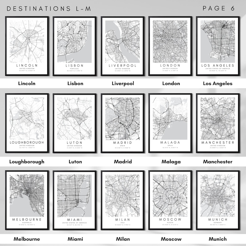 May include: A collage of city maps with black and white lines on a light grey background. The cities include Lincoln, Lisbon, Liverpool, London, Los Angeles, Loughborough, Luton, Madrid, Malaga, Manchester, Melbourne, Miami, Milan, Moscow, and Munich.