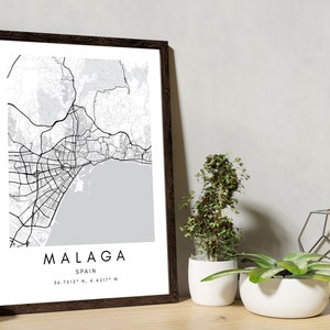 Malaga minimalistische Karte, Spanien Karte für Reisen oder Erinnerungen, gerahmte Karte in verschiedenen Größen