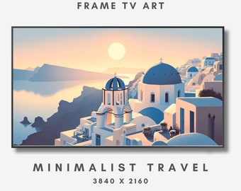 Santorini Morning's Frame TV Art, Gentle Light, Pastel Dawn Over Iconic Blue Domes, Vintage-Inspired Ultra Wide Wall Art for Samsung TV Art