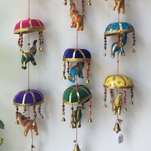 INDIAN HANGING ELEPHANTS & Umbrella Decoration Wall Door Window Hanging Tota Bells Chimes Mobiles Wind Chimes String Decorations Boho