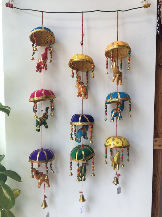INDIAN HANGING ELEPHANTS & Umbrella Decoration Wall Door Window Hanging  Tota Bells Chimes Mobiles Wind Chimes String Decorations Boho 