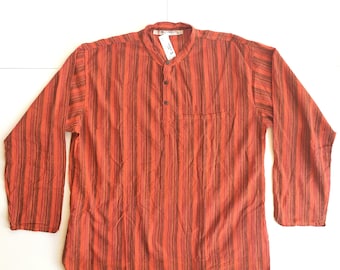 Randig bomullsskjorta för farfar: Kraglös hippie boho kurta