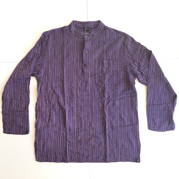 Hippie Collarless Grandad Striped Cotton Natural Shirt Top Nepalese Hoody 