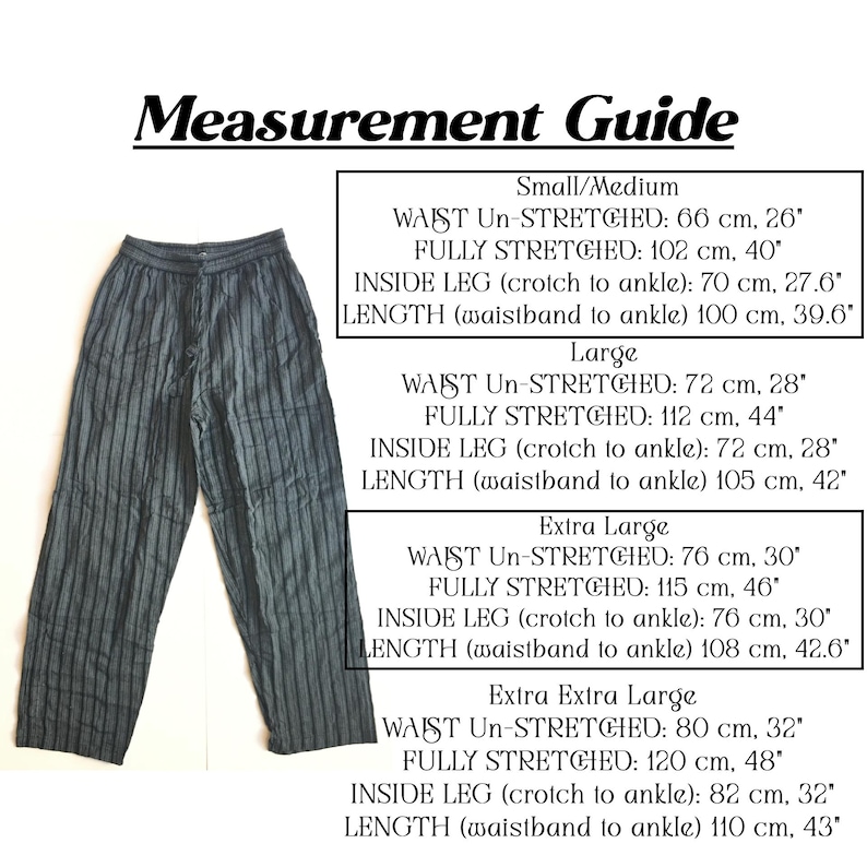 Loose cotton Hippie style trousers with elasticated waist and 2 side pockets. They are striped and come in either Black, Dark Blue, Green, Purple, Red or Turquoise.Relaxed and extremely comfy these trousers are perfect for home, yoga, the beach!