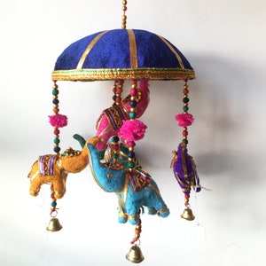 HANGING ELEPHANTS & Umbrella DECORATION Indian Wall Door Window Hanging Tokri Bells Chimes Mobiles Wind Chimes String Decorations Boho