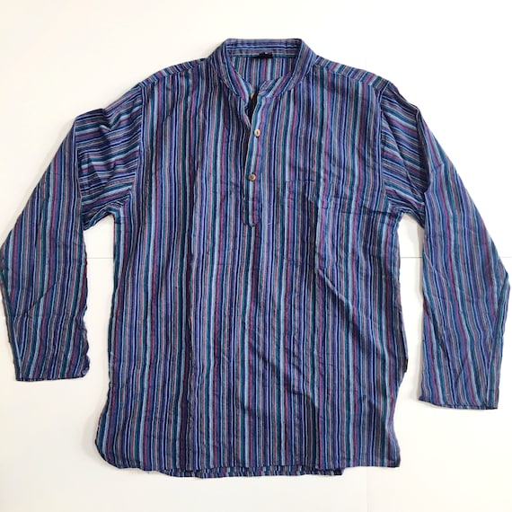 Hippy Casual Unisex Collarless GRANDAD SHIRT in GREEN Stripes, Boho Classic
