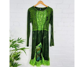 Boho Broderad Klänning, Hippie GOTISK Medeltida Häxa Spets Slip Maxiklänning Cottagecore