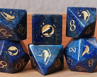 Crow D20 Dice | Crow and Moon | Dungeons & Dragons | DND Dice | Black Dice | Groom dice | Blue dice | Lazurite dice | Raven Dice