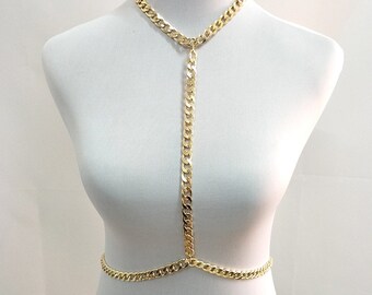 golden chest halter chain, gold  silver waist chain, cuban body chain, body waist chain, golden belly chain, club jewelry, festival jewelry