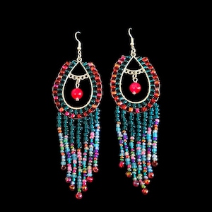 Long dangle earrings, colorful fringe beaded long earrings, Boho statement earrings, sparkling large lightweight earrings, bohemian earrings