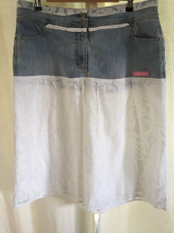 patterned denim skirt