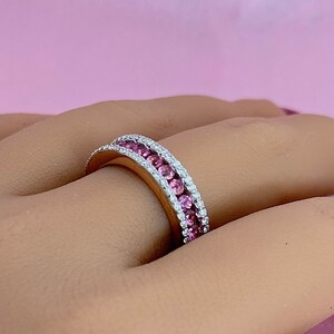 Tourmaline half band, Real gold ring, Pink gemstone band, 14k rose gold, Stackable half band, Round gemstone ring stack, Minimalist ring