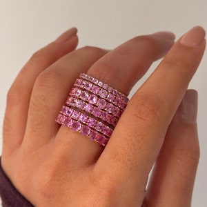 Pink sapphire eternity band, Real gold rings, Birthstone band stack, Solid rose gold rings, Pink gemstone eternity band, Round stone rings